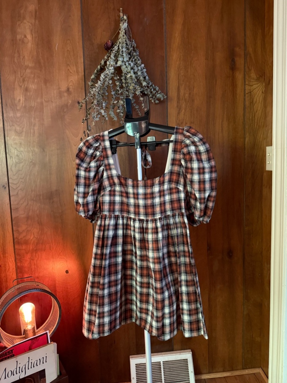 Plaid Puff-Sleeve Mini Dress in Rust Plaid